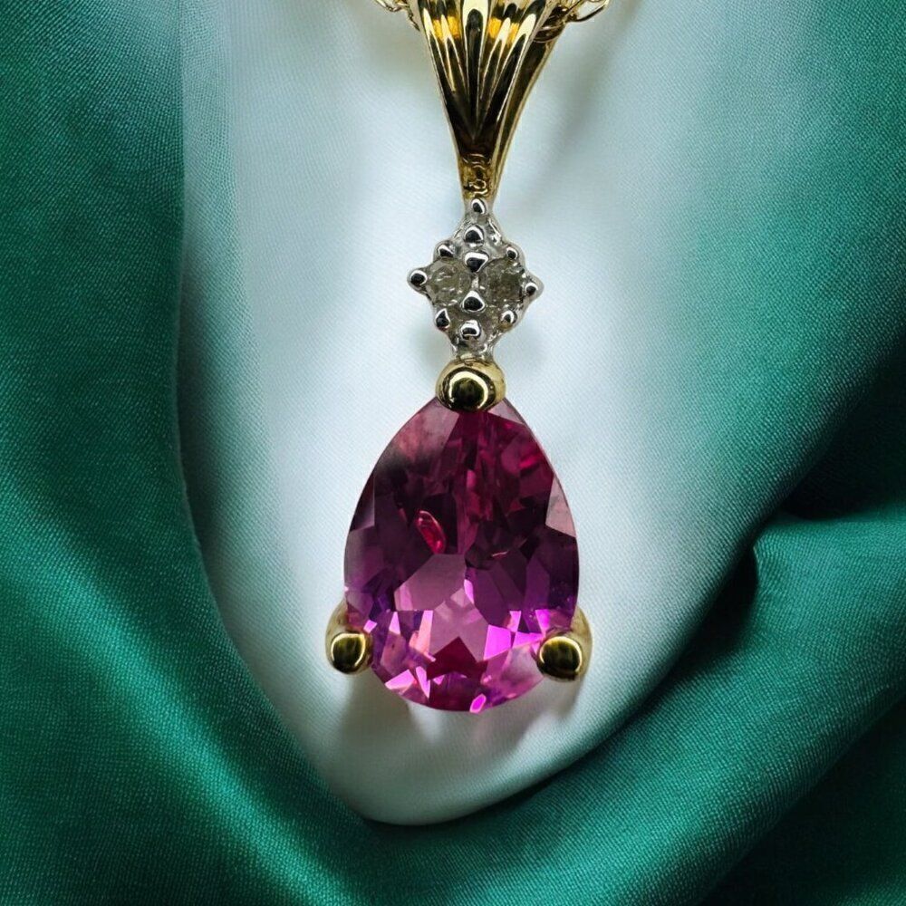 VINTAGE- 10K Gold -Pink Sapphire Diamond Necklace-18"- 1.5cttw - Pear Cut -1.1g